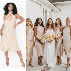 Show Me Your Mumu Jasmine Halter Midi Dress Women's Small Champagne Luxe Satin